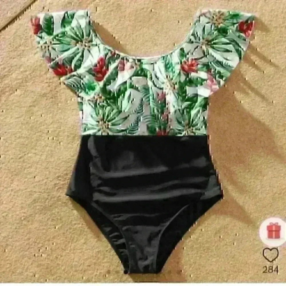 Ruffled Tropical Print/Black One Piece Swimsuit